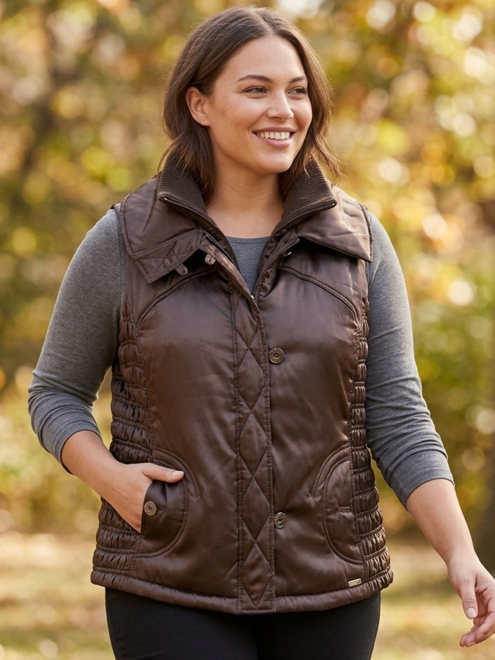 Lane Bryant plus size Brown Quilted-Side Satin Vest with Ribbed Funnel Neck 1356